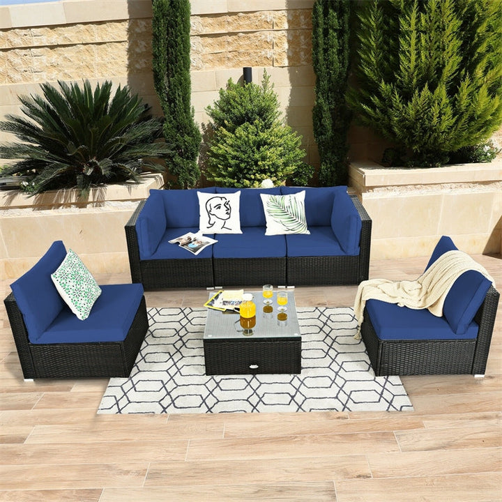 6 Pcs Patio Rattan Furniture Set with Cushioned Sofa and Coffee Table