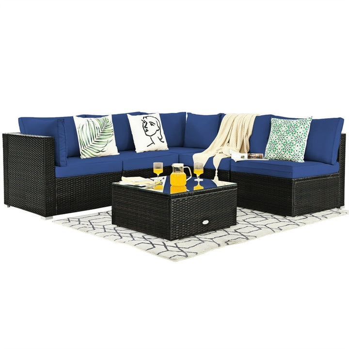 6 Pcs Patio Rattan Furniture Set with Cushioned Sofa and Coffee Table