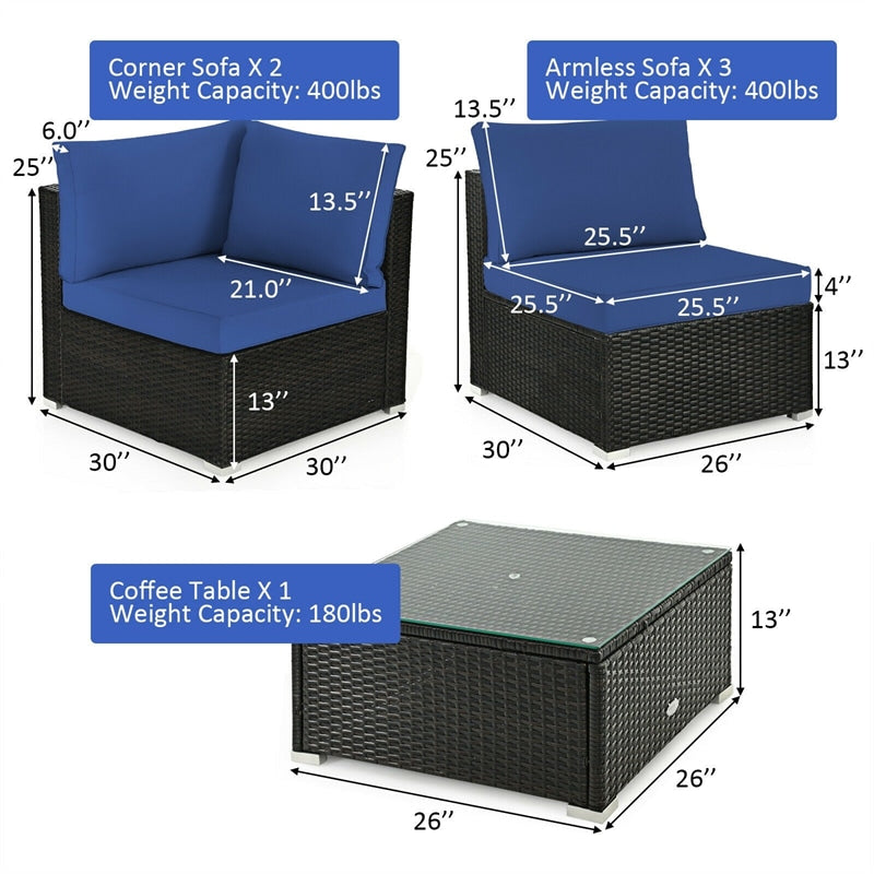 6 Pcs Patio Rattan Furniture Set with Cushioned Sofa and Coffee Table