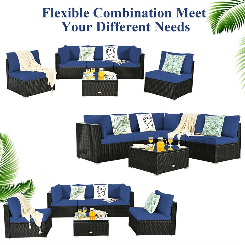 6 Pcs Patio Rattan Furniture Set with Cushioned Sofa and Coffee Table