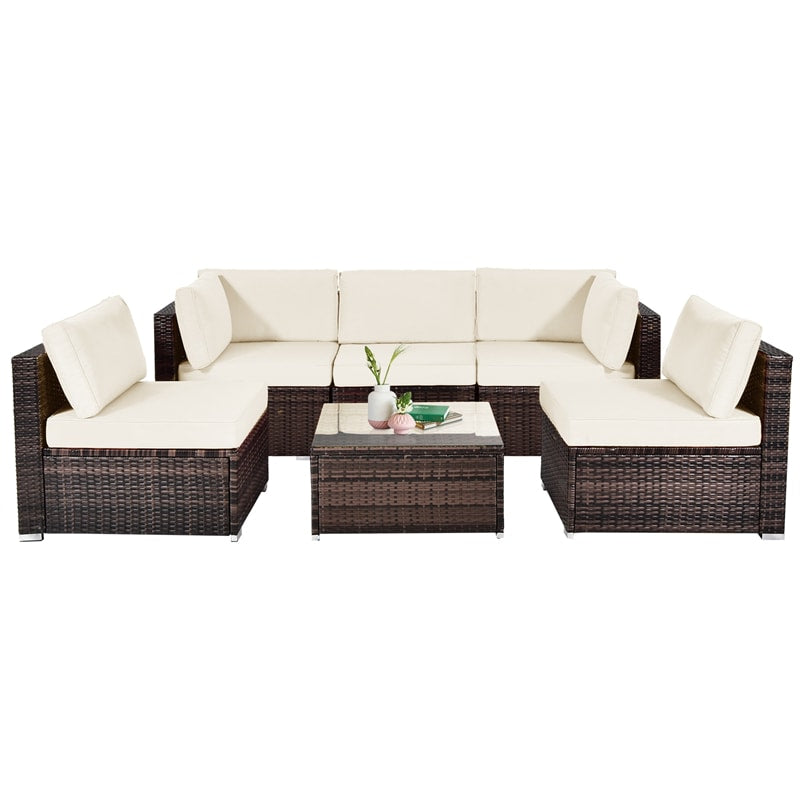 6 Pcs Patio Rattan Furniture Set with Cushioned Sofa and Coffee Table