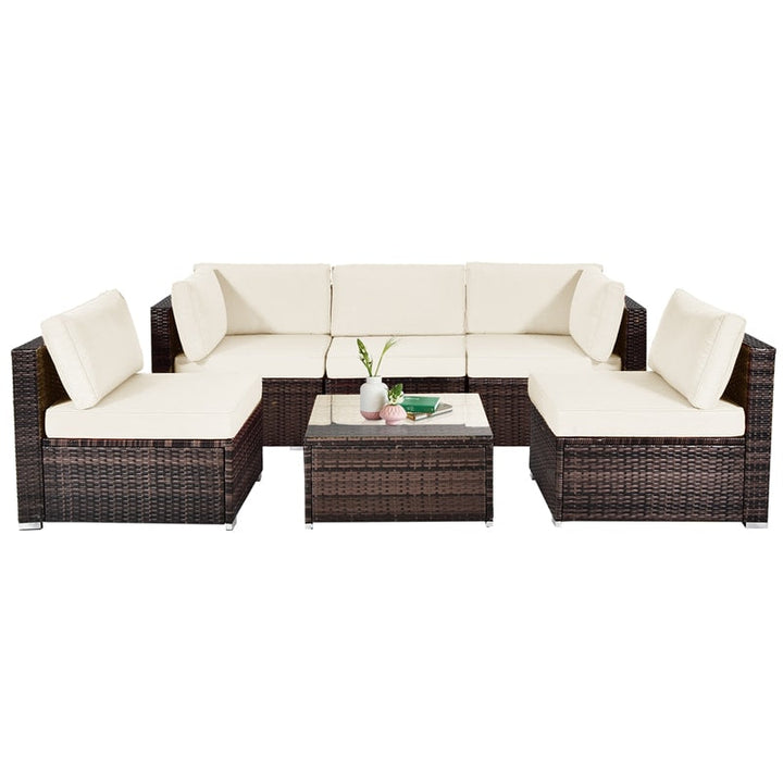 6 Pcs Patio Rattan Furniture Set with Cushioned Sofa and Coffee Table