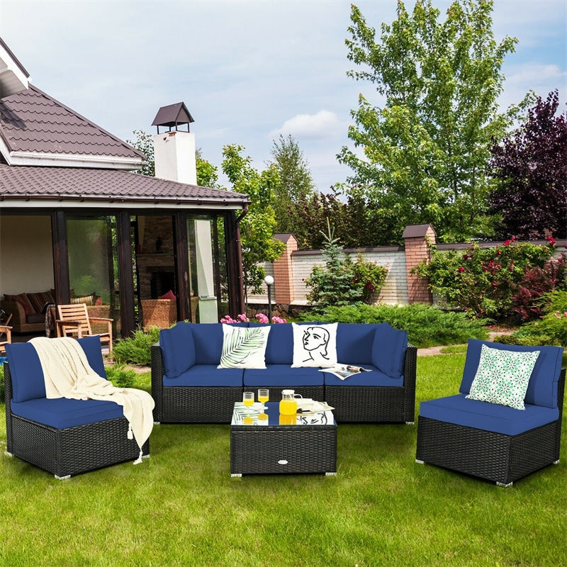 6 Pcs Patio Rattan Furniture Set with Cushioned Sofa and Coffee Table