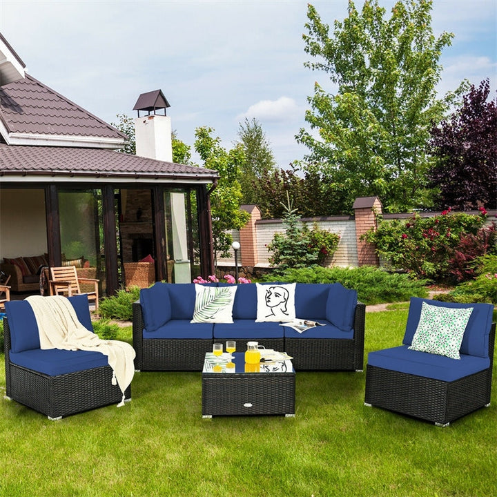 6 Pcs Patio Rattan Furniture Set with Cushioned Sofa and Coffee Table