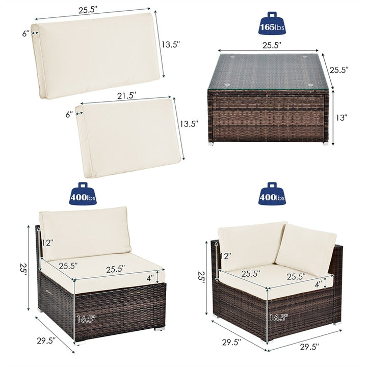 6 Pcs Patio Rattan Furniture Set with Cushioned Sofa and Coffee Table