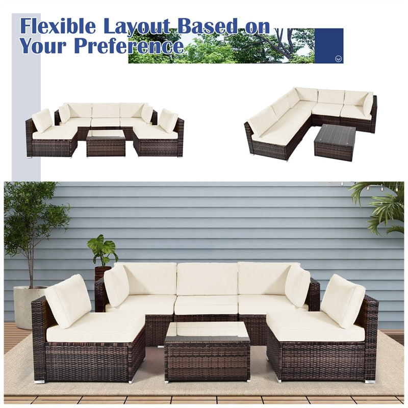 6 Pcs Patio Rattan Furniture Set with Cushioned Sofa and Coffee Table