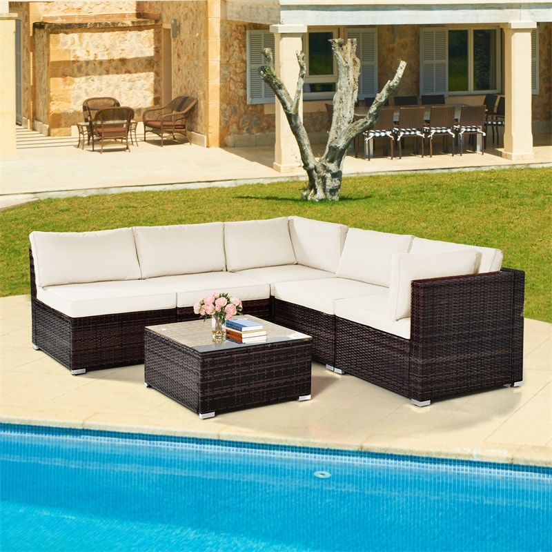 6 Pcs Patio Rattan Furniture Set with Cushioned Sofa and Coffee Table