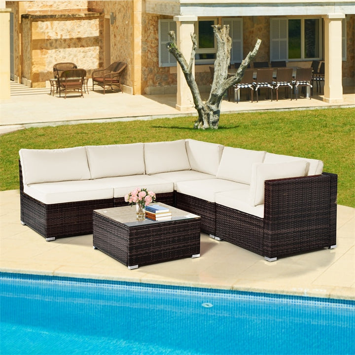 6 Pcs Patio Rattan Furniture Set with Cushioned Sofa and Coffee Table