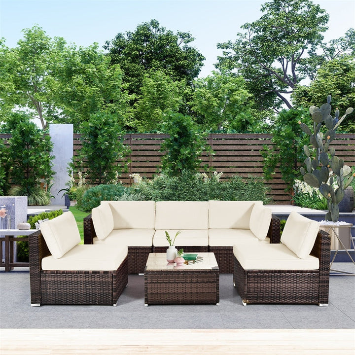 6 Pcs Patio Rattan Furniture Set with Cushioned Sofa and Coffee Table