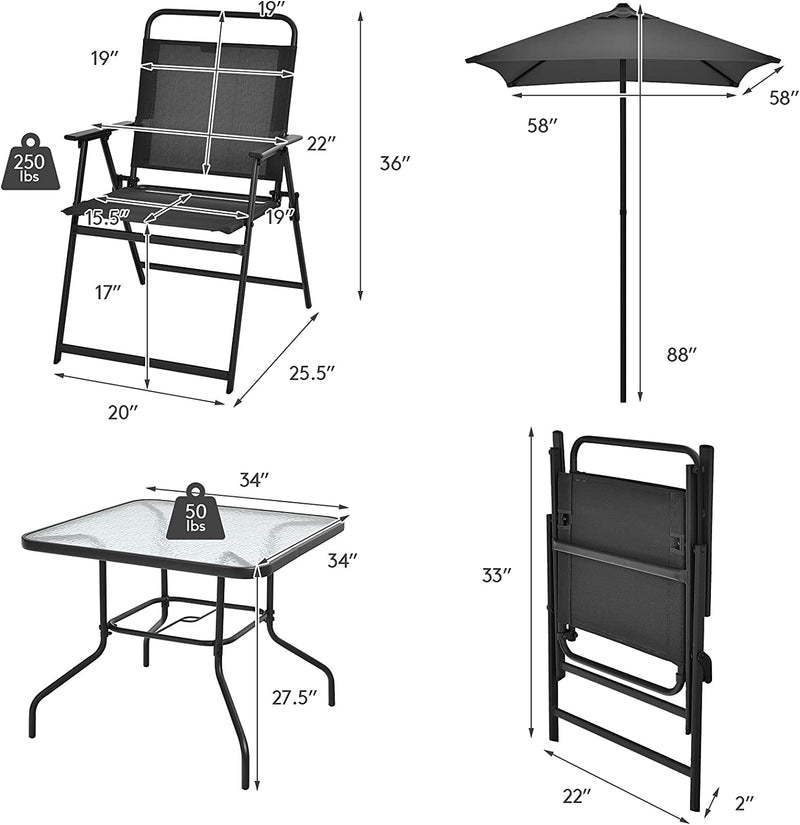 6 Pieces Outdoor Dining Table Set Patio Furniture Set with Umbrella and Tempered Glass Table