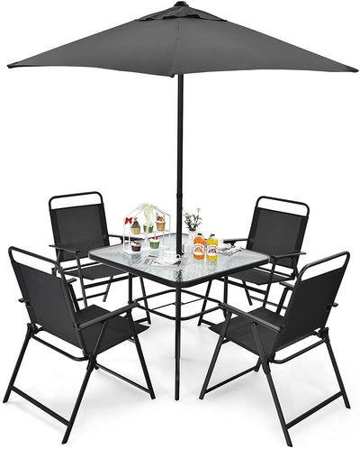6 Pieces Outdoor Dining Table Set Patio Furniture Set with Umbrella and Tempered Glass Table