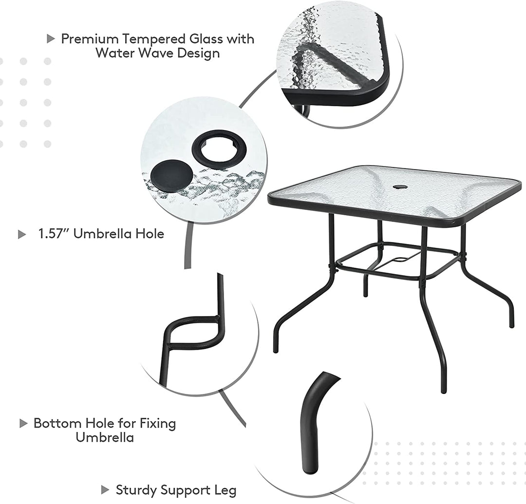 6 Pieces Outdoor Dining Table Set Patio Furniture Set with Umbrella and Tempered Glass Table