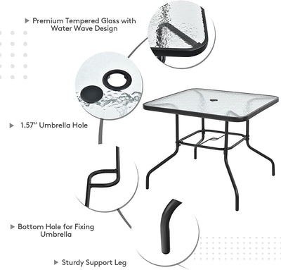 6 Pieces Outdoor Dining Table Set Patio Furniture Set with Umbrella and Tempered Glass Table