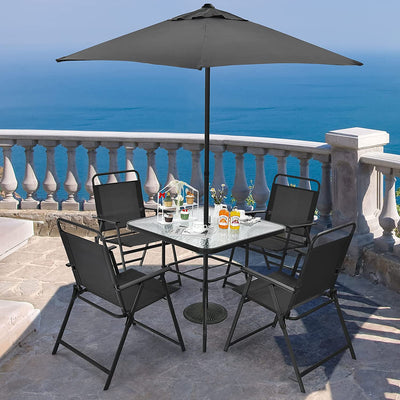 6 Pieces Outdoor Dining Table Set Patio Furniture Set with Umbrella and Tempered Glass Table
