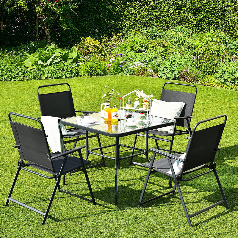 6 Pieces Outdoor Dining Table Set Patio Furniture Set with Umbrella and Tempered Glass Table