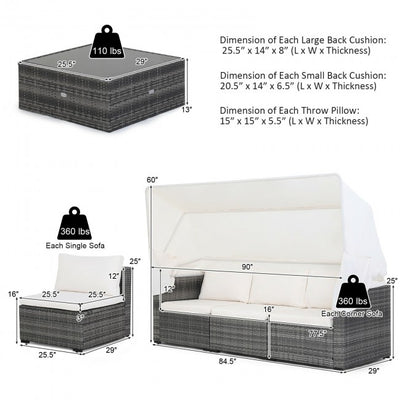 6 Pieces Outdoor Rattan Daybed Sunbed Patio Furniture Sofa Sets with Retractable Canopy