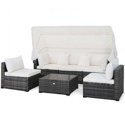 6 Pieces Outdoor Rattan Daybed Sunbed Patio Furniture Sofa Sets with Retractable Canopy