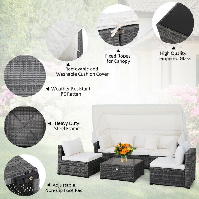 6 Pieces Outdoor Rattan Daybed Sunbed Patio Furniture Sofa Sets with Retractable Canopy