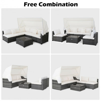 6 Pieces Outdoor Rattan Daybed Sunbed Patio Furniture Sofa Sets with Retractable Canopy