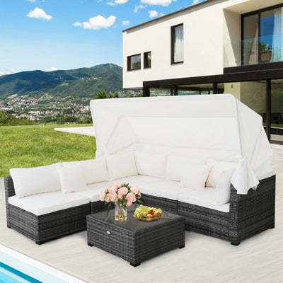 6 Pieces Outdoor Rattan Daybed Sunbed Patio Furniture Sofa Sets with Retractable Canopy