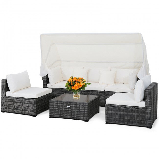 6 Pieces Outdoor Rattan Daybed Sunbed Patio Furniture Sofa Sets with Retractable Canopy