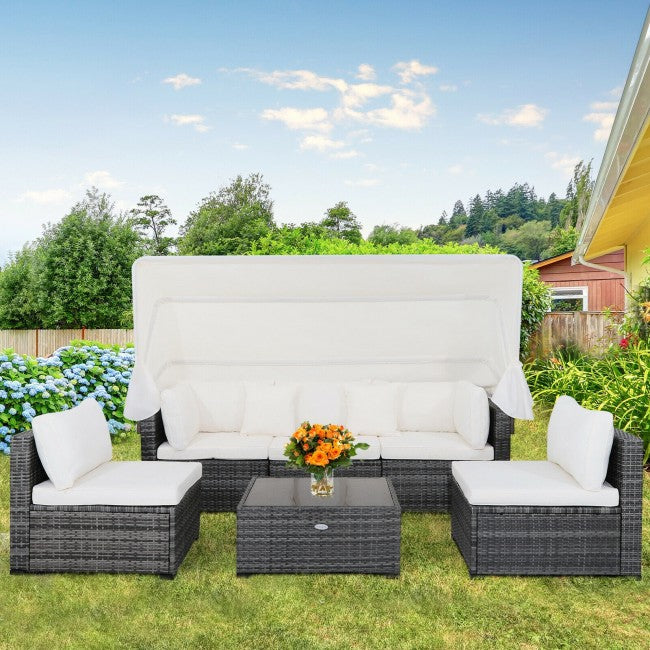 6 Pieces Outdoor Rattan Daybed Sunbed Patio Furniture Sofa Sets with Retractable Canopy