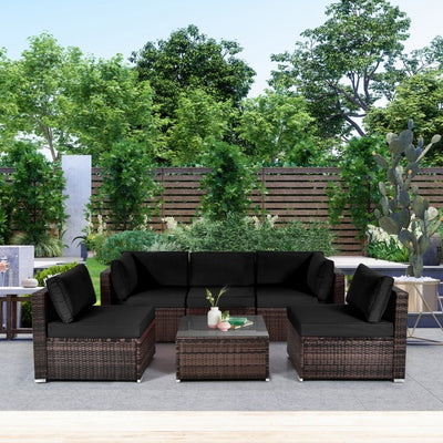 6 Pieces Outdoor Rattan Sectional Conversation Sofa Set Patio Furniture Set with Cushion and Table