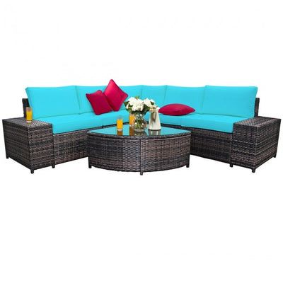 6 Pieces Patio Rattan Furniture Set Outdoor Wicker Conversation Sofa Set with Cushion