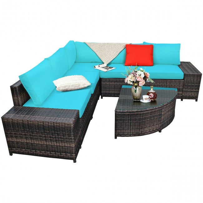 6 Pieces Patio Rattan Furniture Set Outdoor Wicker Conversation Sofa Set with Cushion