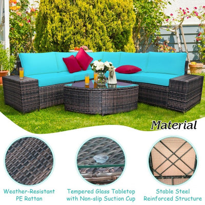 6 Pieces Patio Rattan Furniture Set Outdoor Wicker Conversation Sofa Set with Cushion