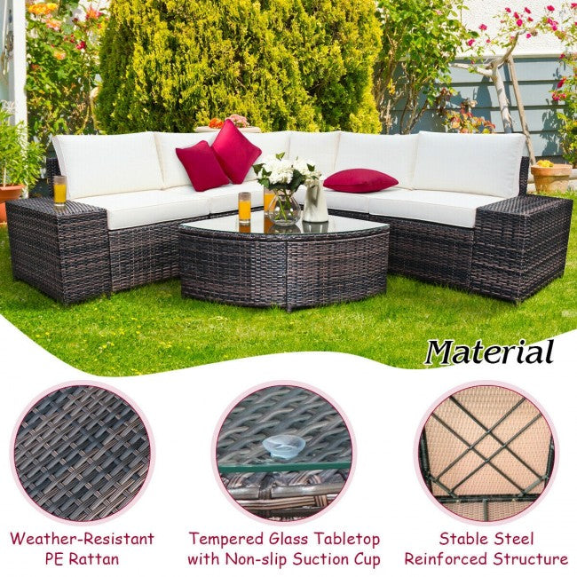 6 Pieces Patio Rattan Furniture Set Outdoor Wicker Conversation Sofa Set with Cushion