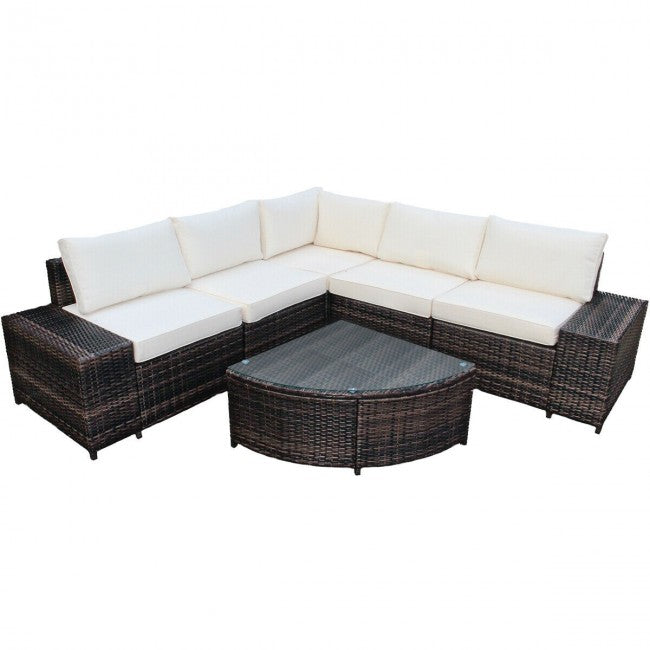 6 Pieces Patio Rattan Furniture Set Outdoor Wicker Conversation Sofa Set with Cushion