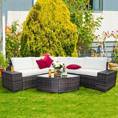 6 Pieces Patio Rattan Furniture Set Outdoor Wicker Conversation Sofa Set with Cushion