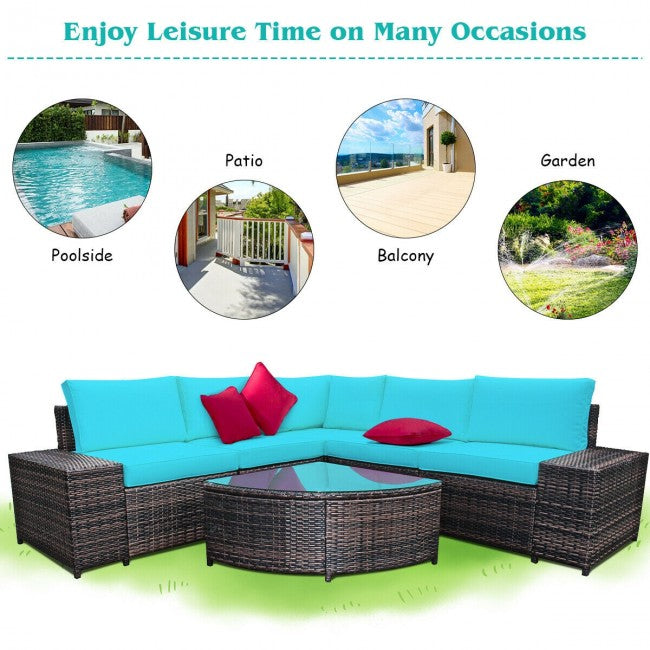 6 Pieces Patio Rattan Furniture Set Outdoor Wicker Conversation Sofa Set with Cushion