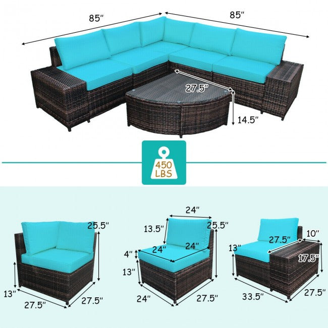 6 Pieces Patio Rattan Furniture Set Outdoor Wicker Conversation Sofa Set with Cushion