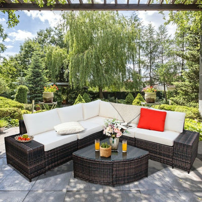 6 Pieces Patio Rattan Furniture Set Outdoor Wicker Conversation Sofa Set with Cushion