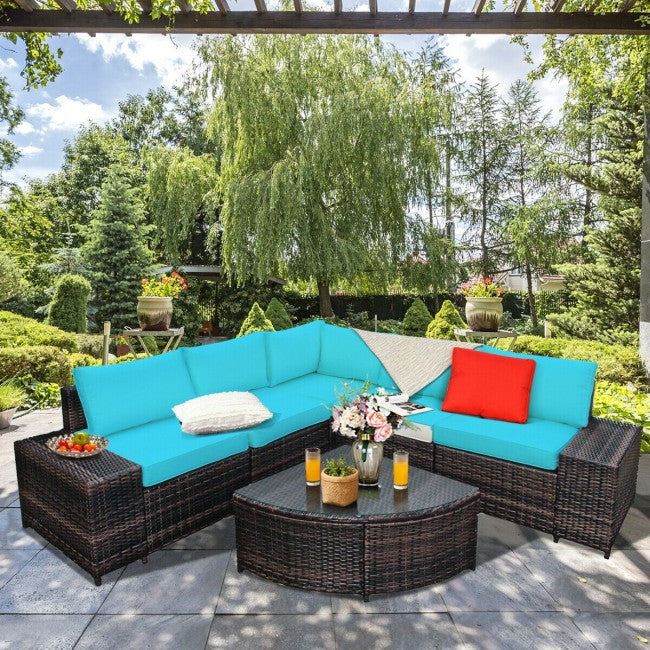 6 Pieces Patio Rattan Furniture Set Outdoor Wicker Conversation Sofa Set with Cushion