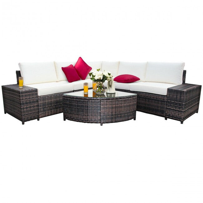 6 Pieces Patio Rattan Furniture Set Outdoor Wicker Conversation Sofa Set with Cushion