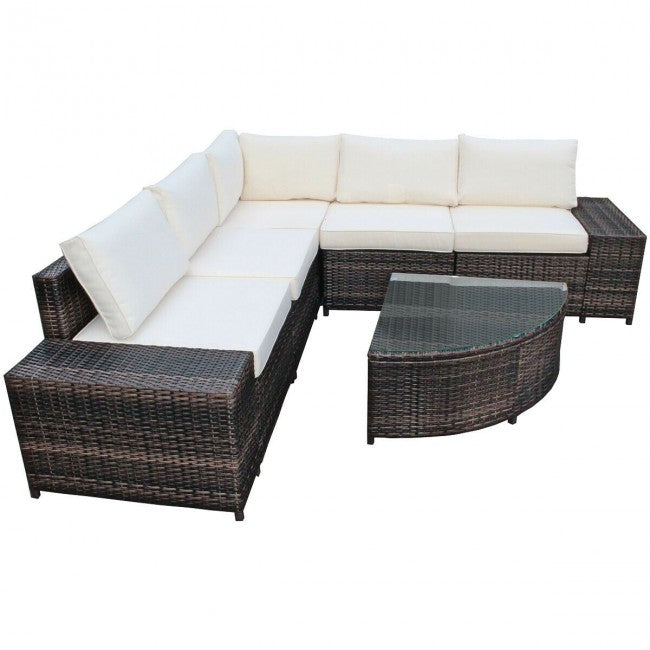 6 Pieces Patio Rattan Furniture Set Outdoor Wicker Conversation Sofa Set with Cushion