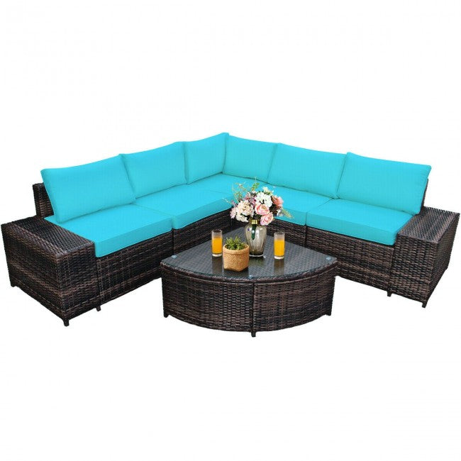 6 Pieces Patio Rattan Furniture Set Outdoor Wicker Conversation Sofa Set with Cushion