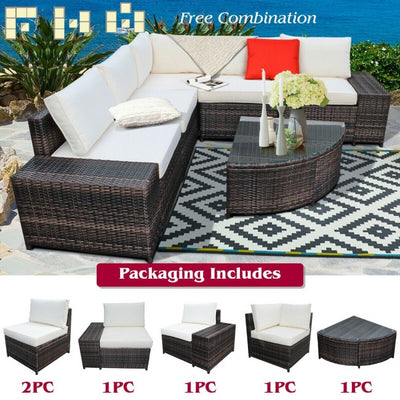 6 Pieces Patio Rattan Furniture Set Outdoor Wicker Conversation Sofa Set with Cushion