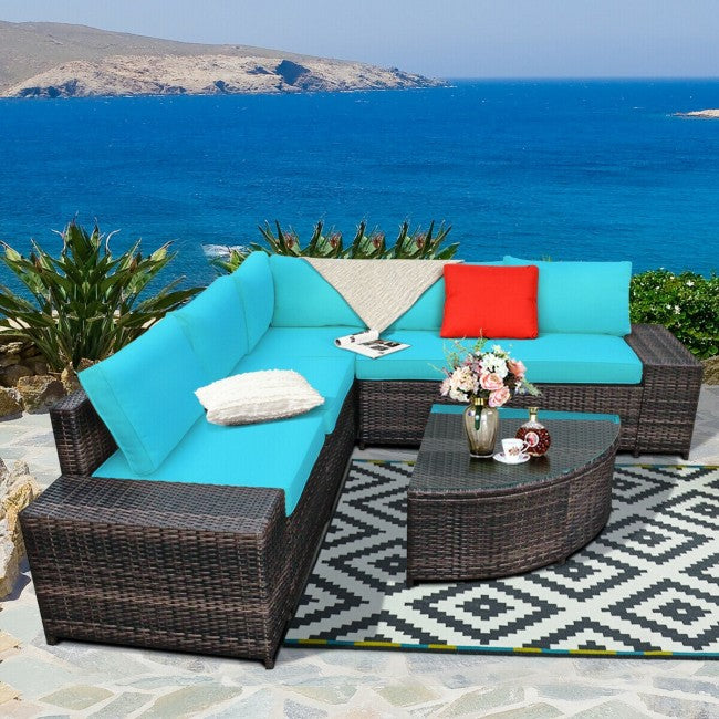 6 Pieces Patio Rattan Furniture Set Outdoor Wicker Conversation Sofa Set with Cushion