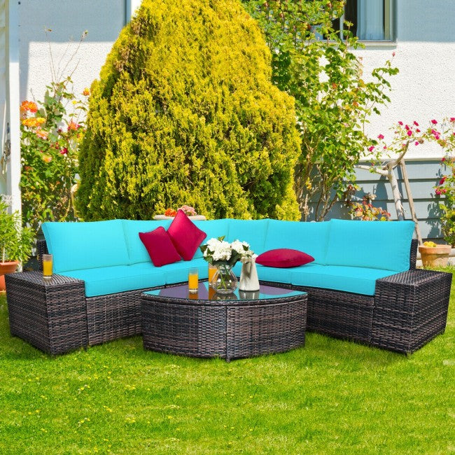 6 Pieces Patio Rattan Furniture Set Outdoor Wicker Conversation Sofa Set with Cushion