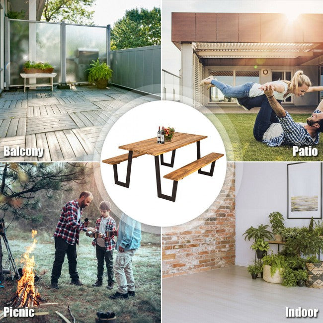 70 Inch Outdoor Dining Table Set Picnic Table Bench Set with Umbrella Hole and Metal Frame