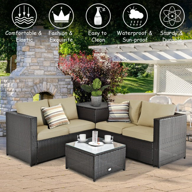 4 Pieces Outdoor Rattan Furniture Set Patio Wicker Conversation Sofa Set with Cushion and Table