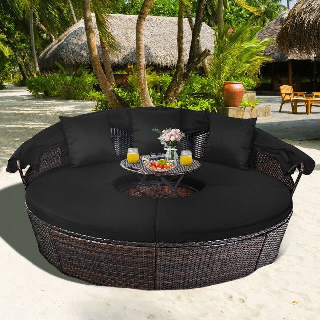 Outdoor Wicker Furniture Sets Patio Round Rattan Daybed With Retractable Canopy