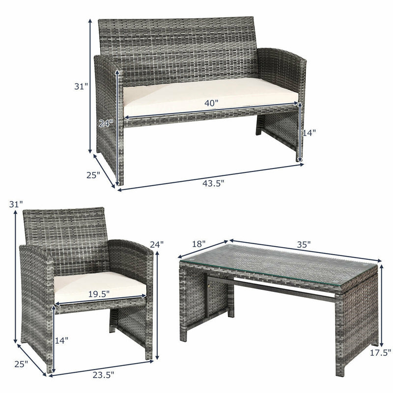 4 Pieces Patio Rattan Furniture Set with Glass Table and Loveseat