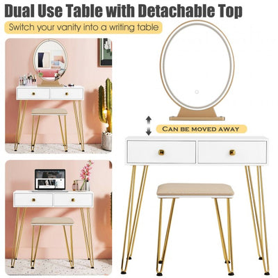 Vanity Table Set Makeup Dressing Desk with Touch Screen Adjustable Brightness Mirror and Cushioned Stool