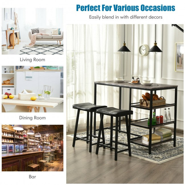 3 Pieces Dining Table Set with Pub Counter Height and Storage Shelves