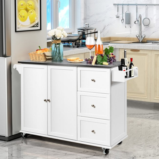 Kitchen Island Cart Rolling Trolley 2-Door Storage Cabinet with Adjustable Shelves and 3 Drawers